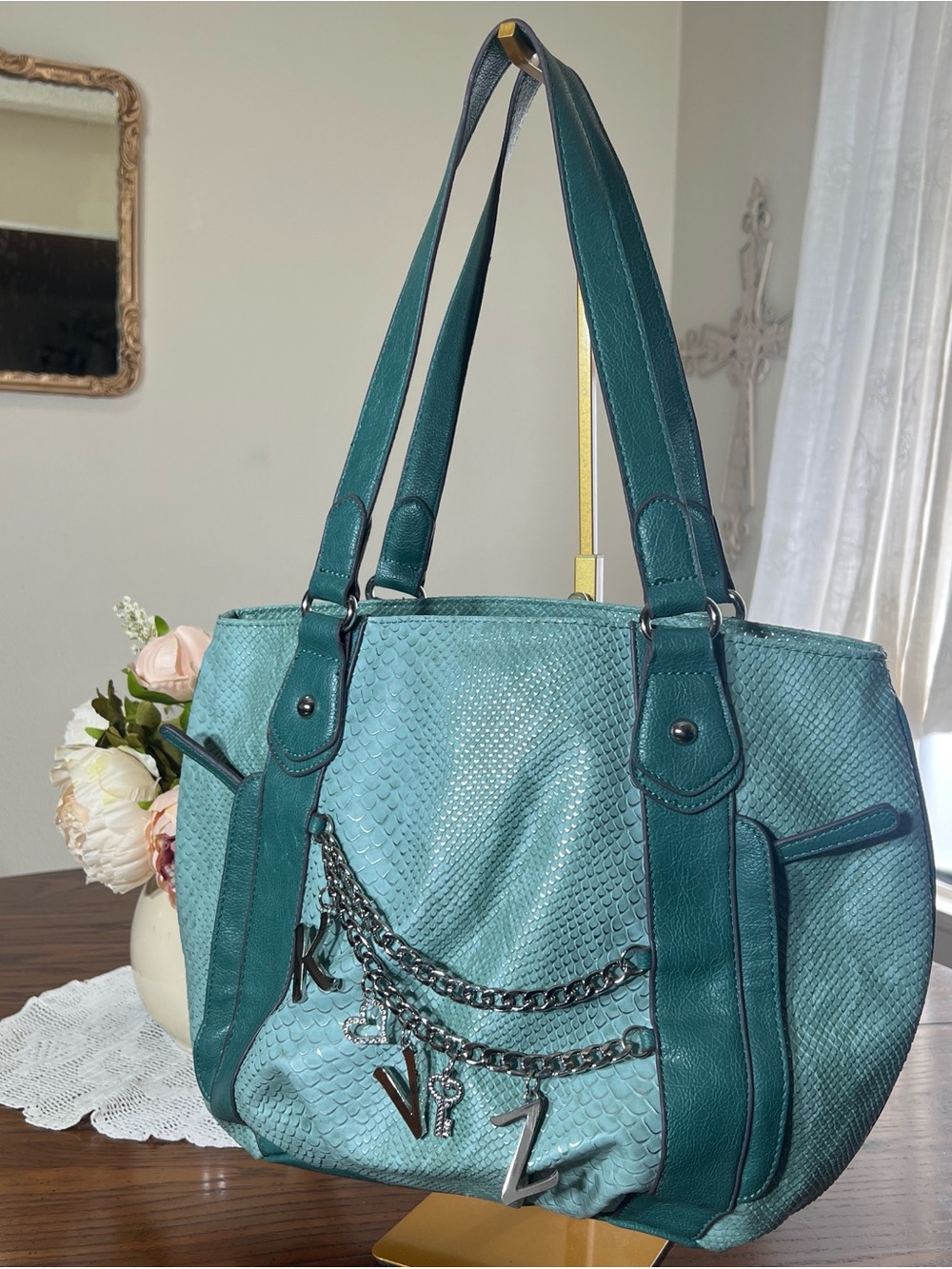Kathy Van Zeeland Teal Textured Shoulder Bag with Chain Accents
